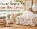 How to sew a tissue box cover with floral fabric, sewing machine, scissors, pins, and measuring tape
