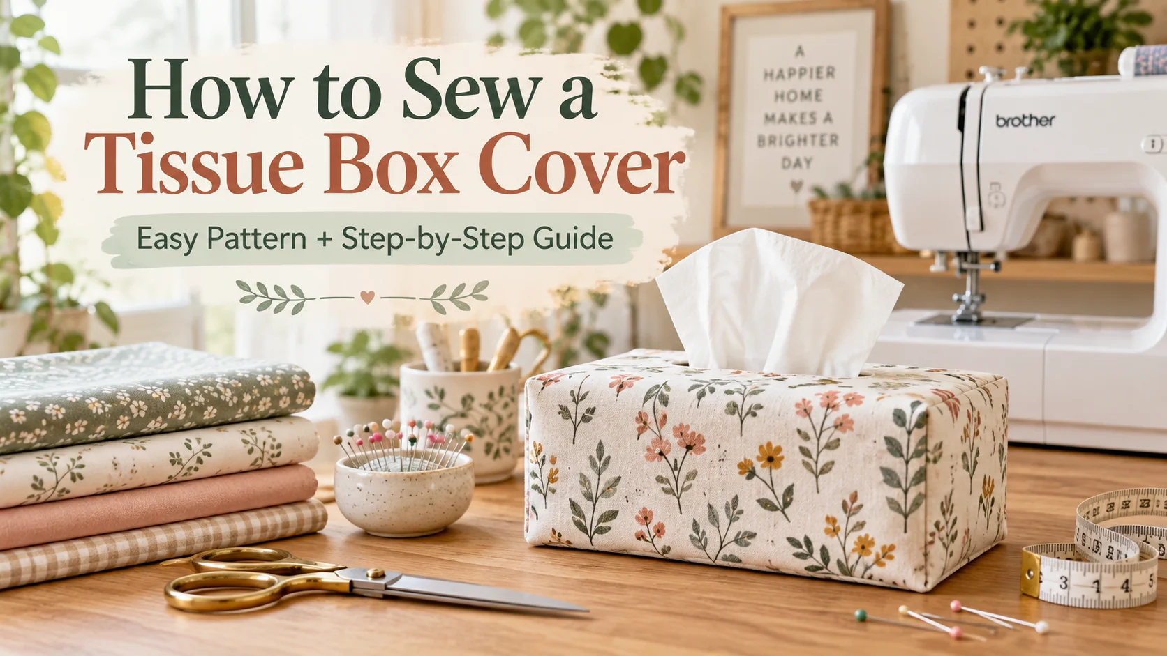 How to sew a tissue box cover with floral fabric, sewing machine, scissors, pins, and measuring tape
