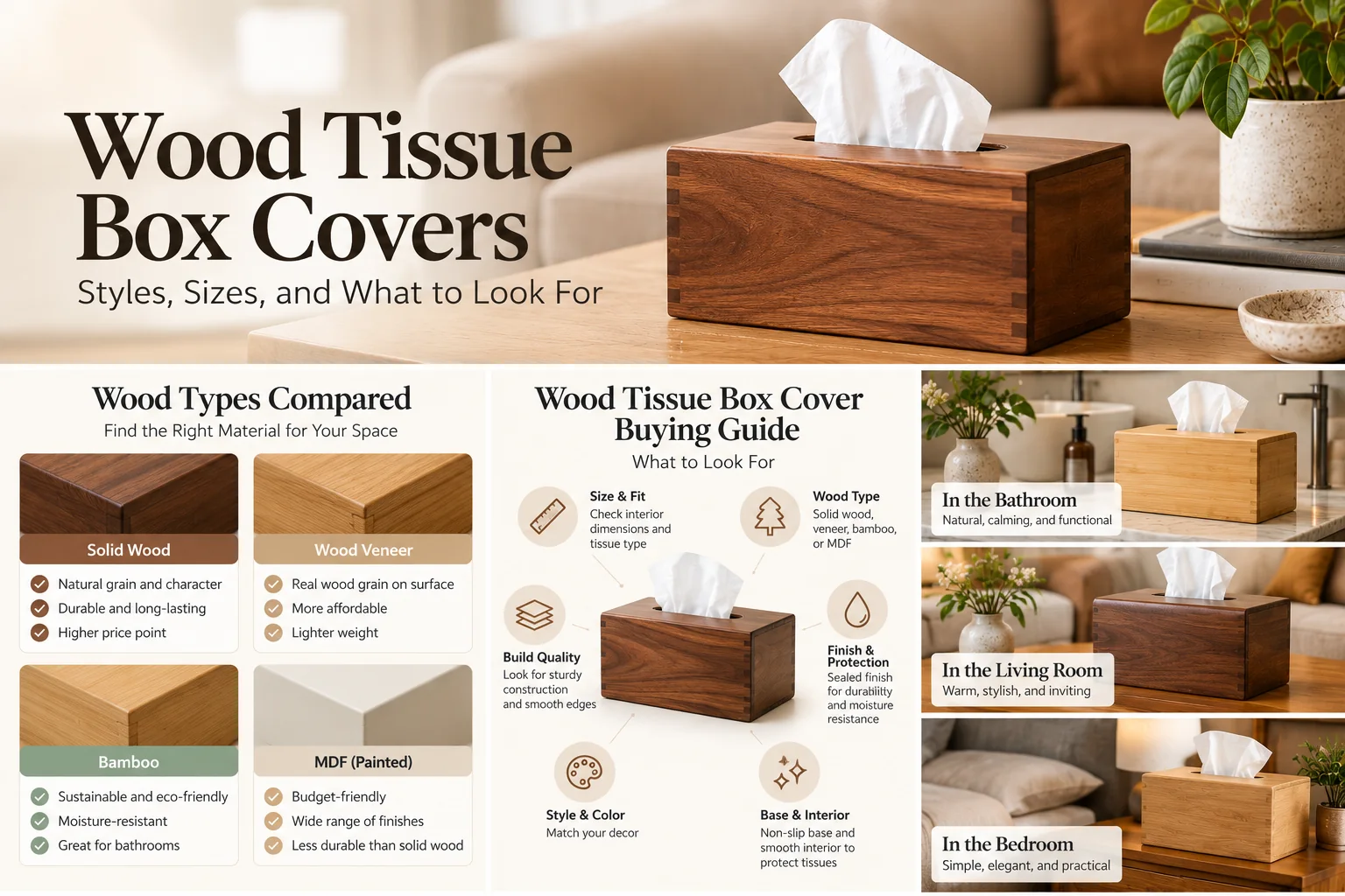 Wood tissue box cover buying guide covering fit, construction, finish, and base protection