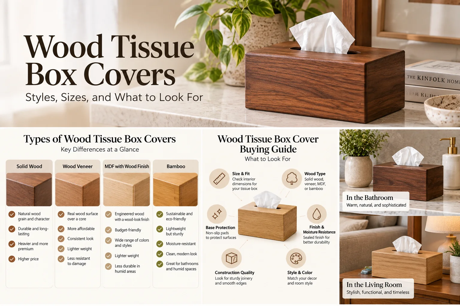 Comparison of solid wood, wood veneer, bamboo, and MDF tissue box covers